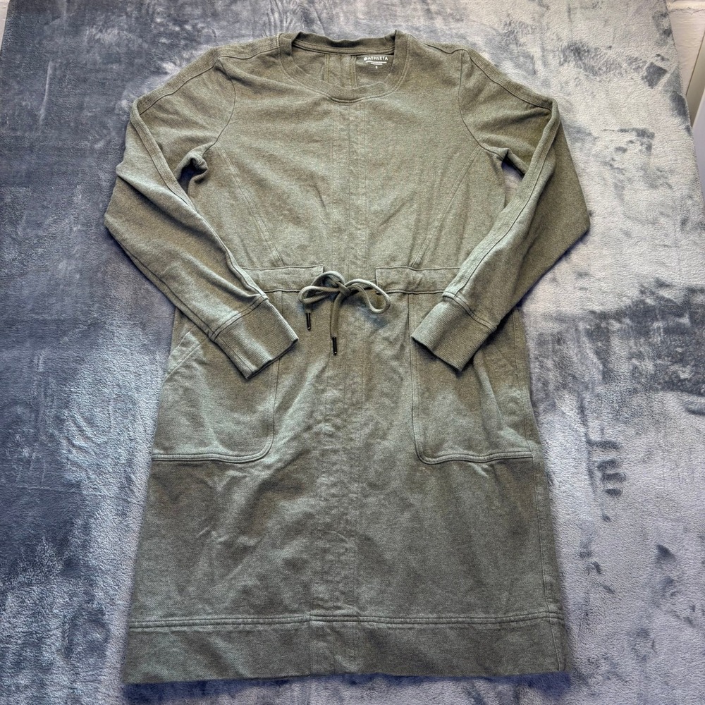Athleta Women Olive Green Sweatshirt Dress Small Tie Waist Pockets Athleisure